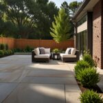 A concrete patio enhances a backyard on the right