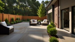 A concrete patio enhances a backyard on the right